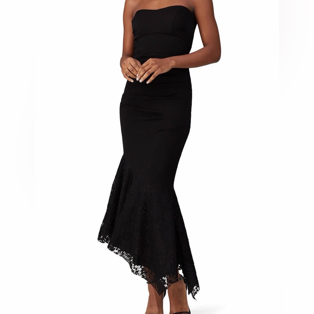 Nicole Miller Elegant Black Strapless Sheath Dress with Lacey Flare at the Hem